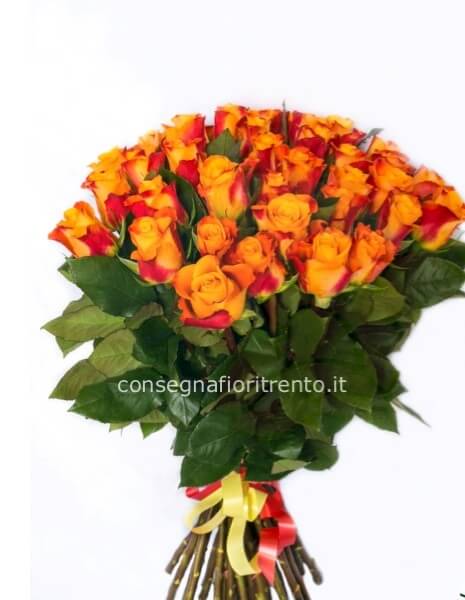 mazzo solare di 24 Rose arancio con verde decorativo, per comunicare positività e allegria!